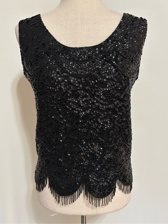 Tops - Vintage 60s Black Sequin Beaded Zip-Up Sleeveless Top Size M STUNNING